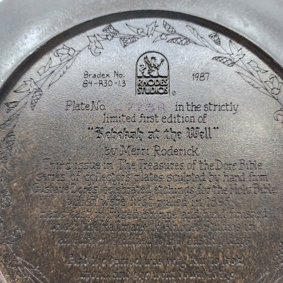 Rhodes Studios Rebekah at the Well 3D Plate w COA 3773A Bronze 8 in VTG 1987 - Picture 7 of 16